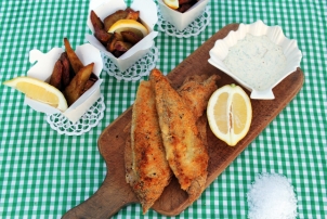 Almond Crusted Fish with Spiced Sweet Potato Wedges & Dill Aioli, Renee Naturally